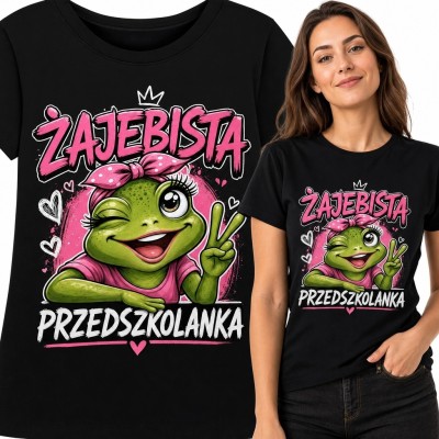 Koszulka damska dla przedszkolanki „Żajebista przedszkolanka” - żaba ze znakiem pokoju