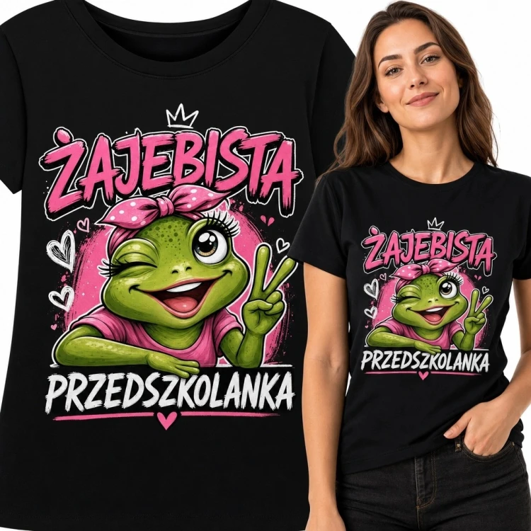Koszulka damska dla przedszkolanki „Żajebista przedszkolanka” - żaba ze znakiem pokoju