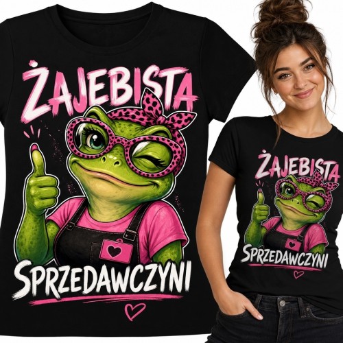 Koszulka damska dla sprzedawczyni z żabą „Żajebista sprzedawczyni” - czarna