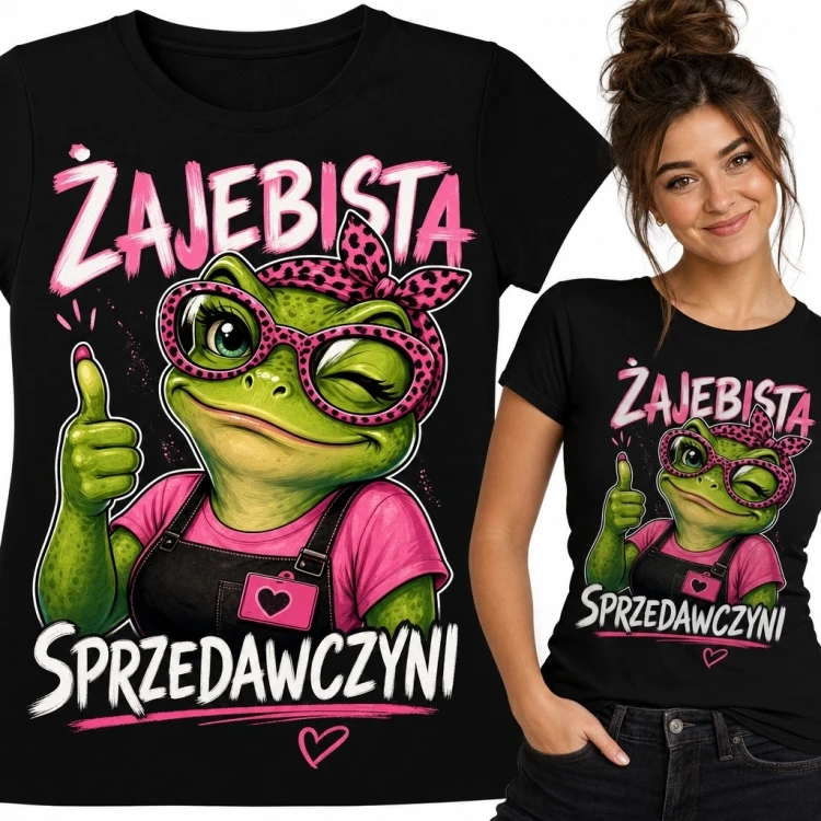 Koszulka damska dla sprzedawczyni z żabą „Żajebista sprzedawczyni” - czarna