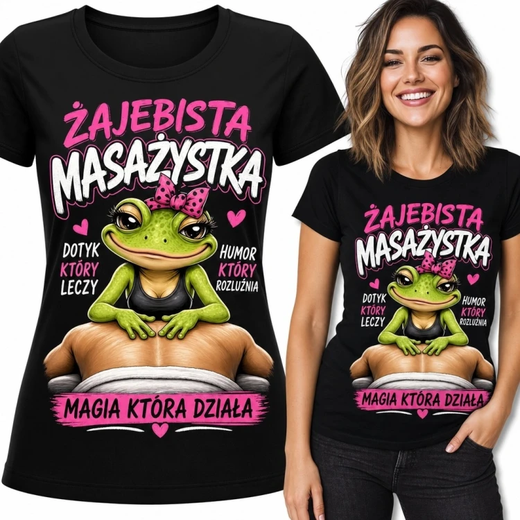 Koszulka damska dla masażystki „Żajebista masażystka” - żaba wykonująca masaż