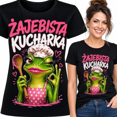 Koszulka damska z żabą kucharką „Żajebista kucharka” - zabawny wzór kulinarny