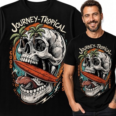 Koszulka męska z czaszką i deską surfingową „Journey-Tropical” - retro surf