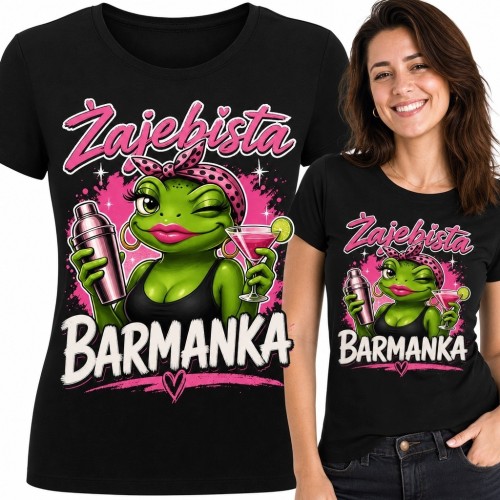 Koszulka damska dla barmanki „Żajebista barmanka” - żaba z koktajlem