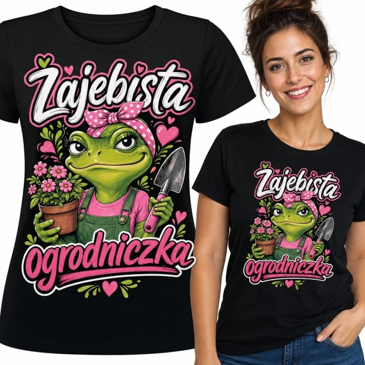 Koszulka damska dla ogrodniczki „Zajebista Ogrodniczka” - żaba z kwiatami