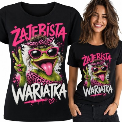 Koszulka damska z żabą i napisem „Żajebista wariatka” - komiksowy wzór