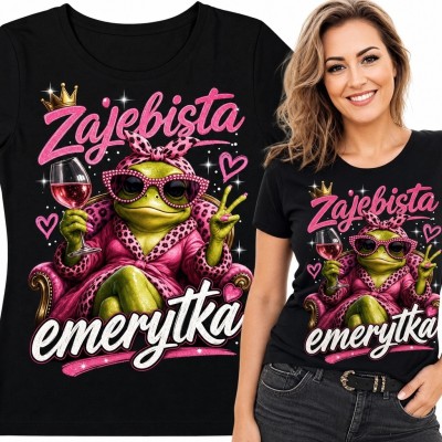 Koszulka damska na emeryturę z żabą i winem „Zajebista emerytka”