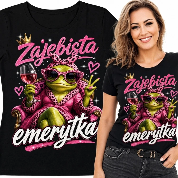 Koszulka damska na emeryturę z żabą i winem „Zajebista emerytka”