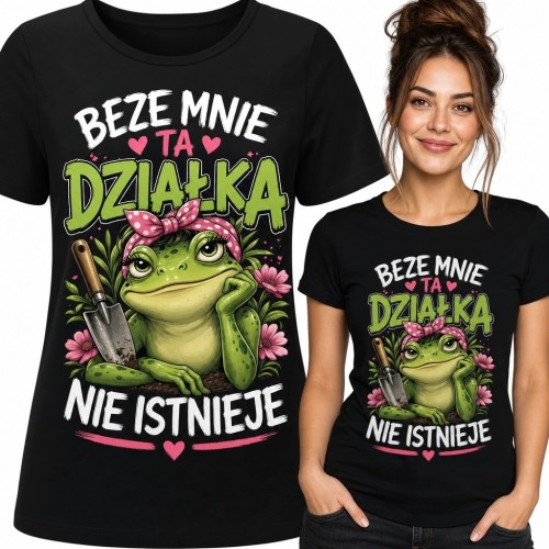 Koszulka damska dla działkowiczki z żabą „Beze mnie ta działka nie istnieje”