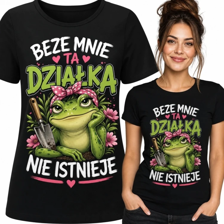 Koszulka damska dla działkowiczki z żabą „Beze mnie ta działka nie istnieje”