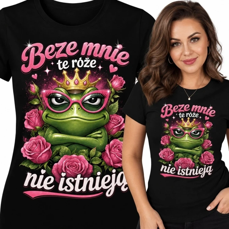Koszulka damska z koronowaną żabą i różami „Beze mnie te róże nie istnieją” - zabawny nadruk