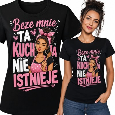 Koszulka damska z motywem gotowania „Beze mnie ta kuchnia nie istnieje” - kobieta retro z łyżką