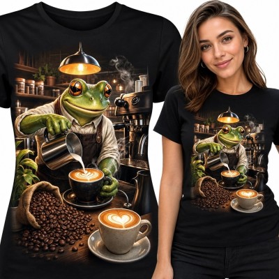 Koszulka damska z żabą-baristą - kawowy motyw latte art