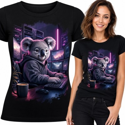 Koszulka damska z koalą przy komputerze - neonowy gaming i cyberpunk