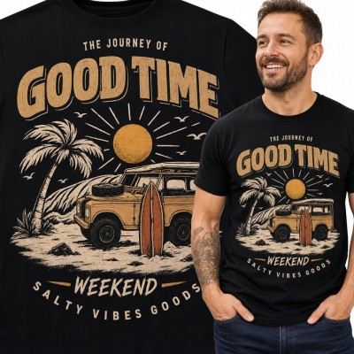 Koszulka męska surferska retro „Good Time / Weekend” - auto terenowe i plaża