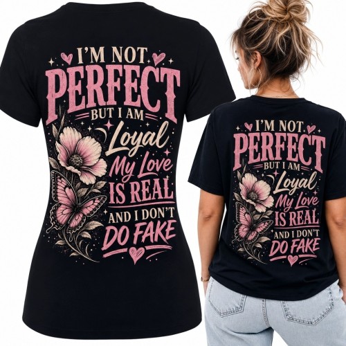 Koszulka damska z nadrukiem na plecach „I’m Not Perfect” - magnolia i motyl