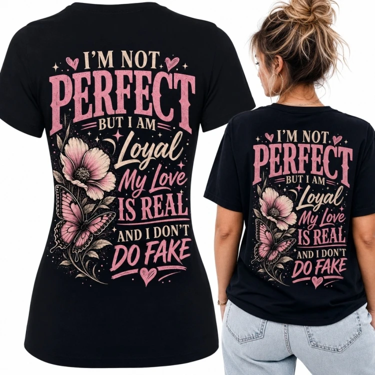 Koszulka damska z nadrukiem na plecach „I’m Not Perfect” - magnolia i motyl