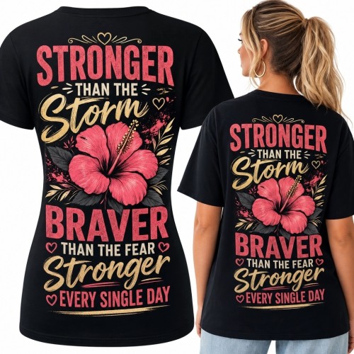 Koszulka damska z hibiskusem „Stronger than the Storm” - motywacyjny nadruk na plecach