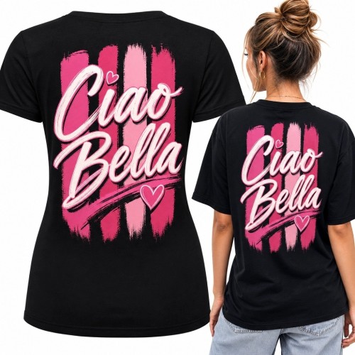 Koszulka damska z nadrukiem na plecach „Ciao Bella” - różowe serca