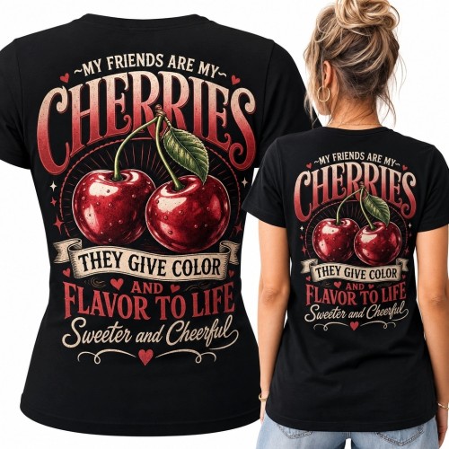 Koszulka damska z czereśniami „Cherries” - duży nadruk retro na plecach