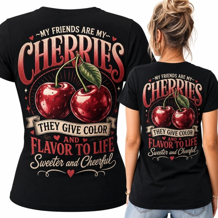 Koszulka damska z czereśniami „Cherries” - duży nadruk retro na plecach