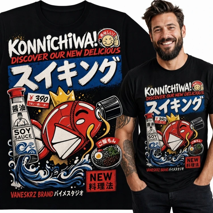 Koszulka męska z koronowaną rybą i napisem „スイキング” - japońskie retro