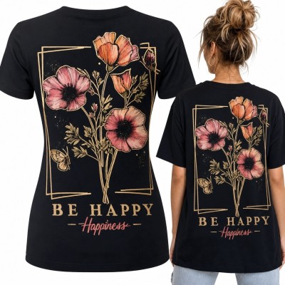 Koszulka damska z kwiatami i motylem „Be Happy” - nadruk na plecach