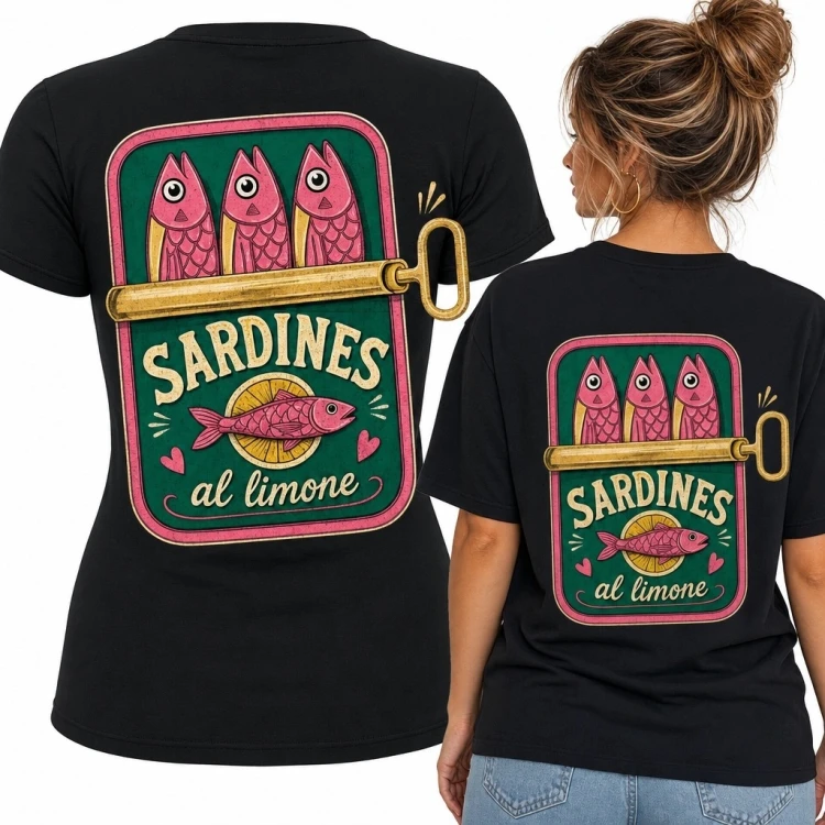 Koszulka damska z nadrukiem sardynek „Sardines al limone” - retro wzór na plecach