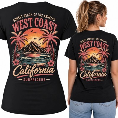 Koszulka damska z nadrukiem „West Coast” i „California” - plaża o zachodzie słońca
