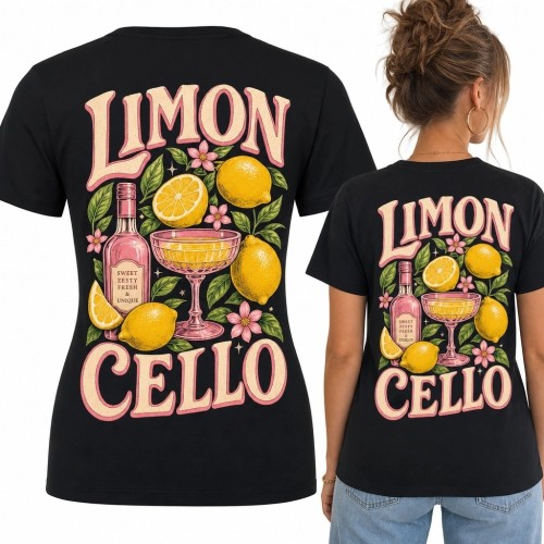 Koszulka damska z tylnym nadrukiem „Limon cello” - cytryny i koktajl retro