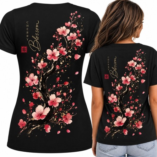 Koszulka damska z kwitnącą gałęzią wiśni „Cherry Blossom” - nadruk na plecach