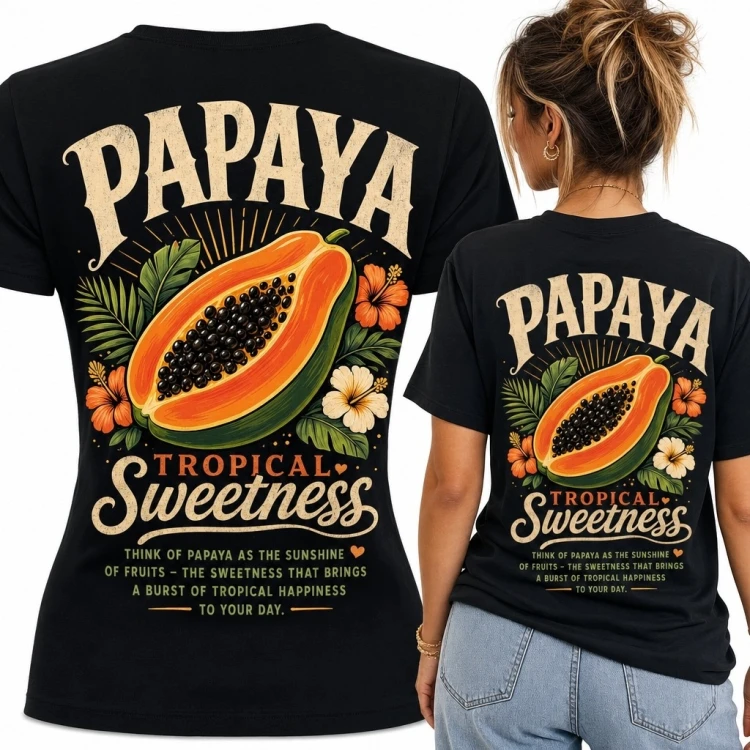Koszulka damska z papają „Papaya Tropical Sweetness” - tropikalny nadruk retro