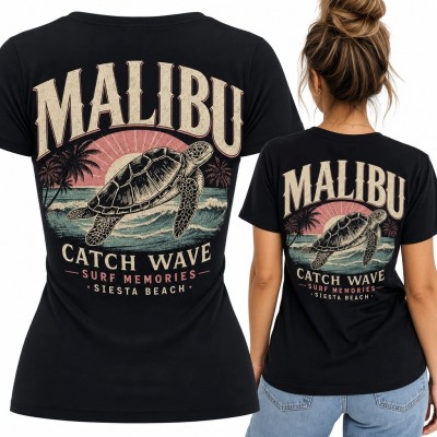 Koszulka damska retro surf z żółwiem morskim i napisem „Malibu” - nadruk na plecach