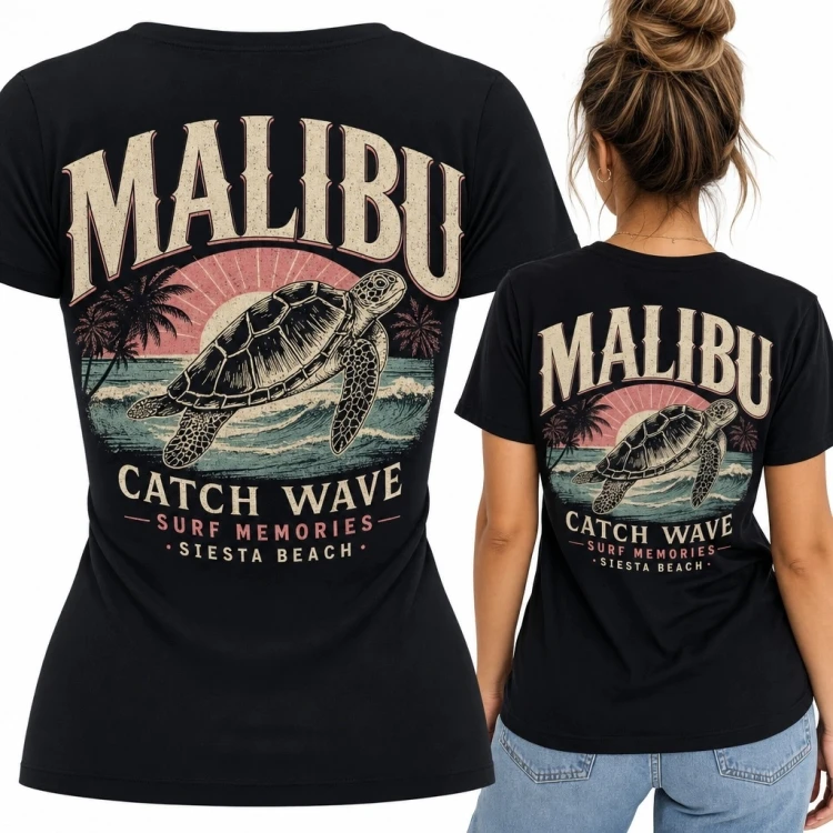 Koszulka damska retro surf z żółwiem morskim i napisem „Malibu” - nadruk na plecach