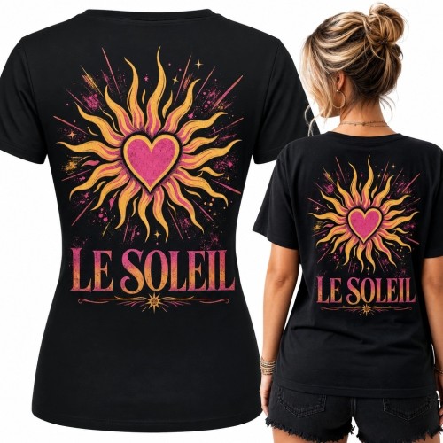 Koszulka damska ze słońcem i sercem „Le Soleil” - nadruk retro-boho
