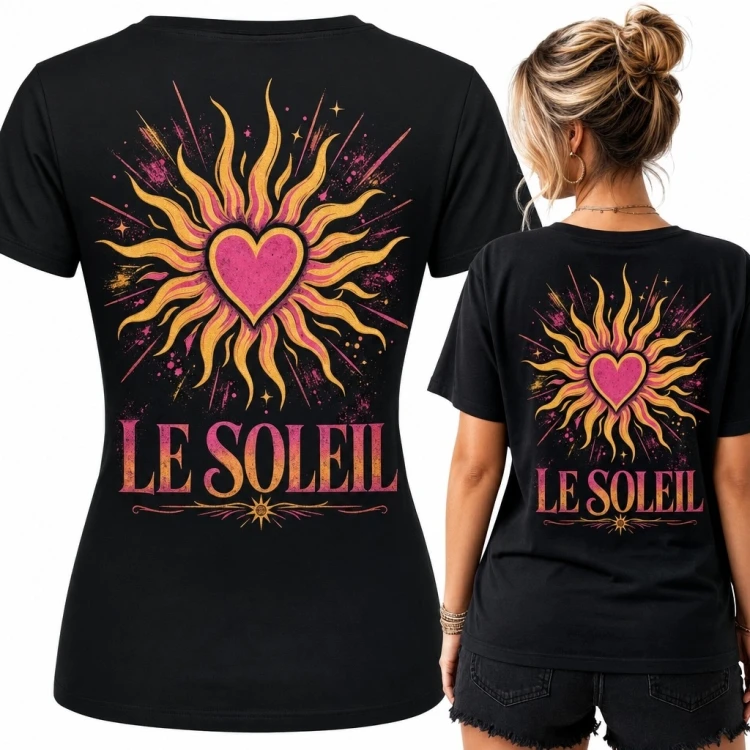 Koszulka damska ze słońcem i sercem „Le Soleil” - nadruk retro-boho