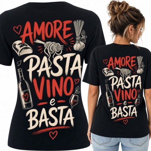 Koszulka damska z włoskim motywem kulinarnym „Amore pasta vino e basta” - nadruk na plecach