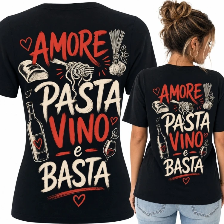 Koszulka damska z włoskim motywem kulinarnym „Amore pasta vino e basta” - nadruk na plecach