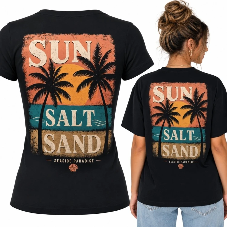 Koszulka damska z palmami i nadrukiem „Sun Salt Sand” - tropikalne retro