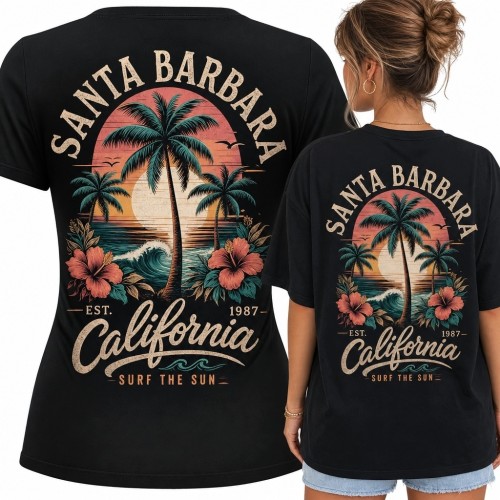 Koszulka damska retro surf „Santa Barbara California” - tropikalny zachód słońca