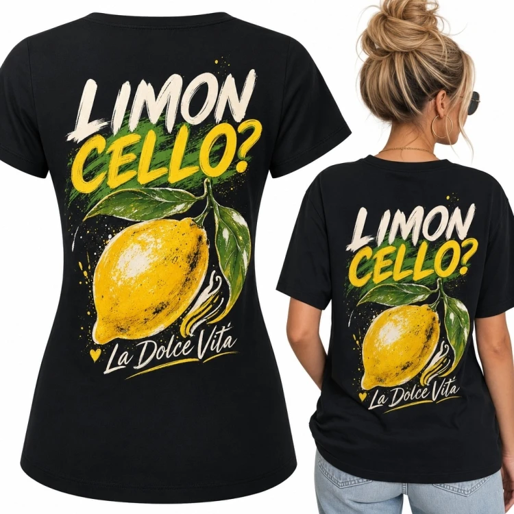 Koszulka damska z cytryną „Limon Cello?” i napisem „La Dolce Vita” - włoski styl