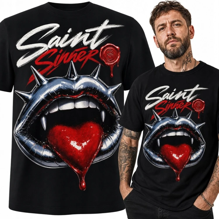Koszulka męska z wampirzymi ustami „Saint Sinner” - kły i kolce