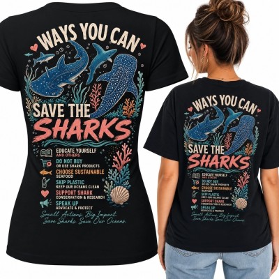 Koszulka damska z rekinami wielorybimi „Save the Sharks” - duży nadruk na plecach