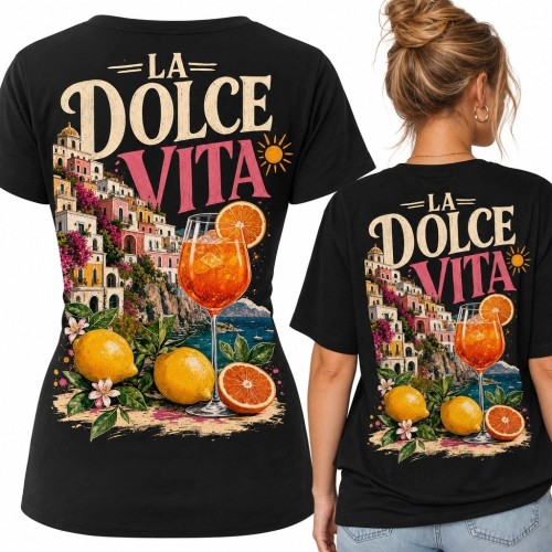 Koszulka damska z włoskim nadrukiem „La Dolce Vita” - duży wzór na plecach