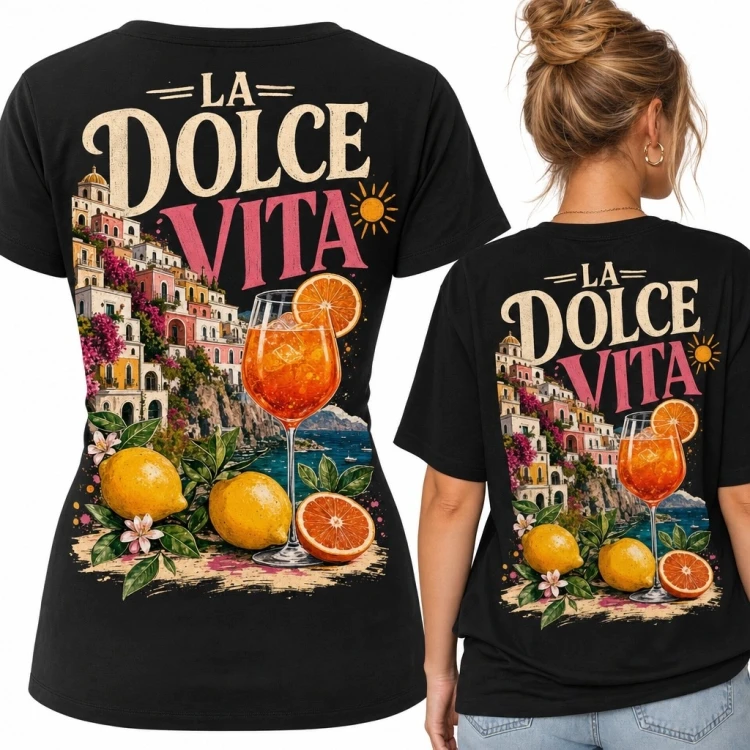 Koszulka damska z włoskim nadrukiem „La Dolce Vita” - duży wzór na plecach