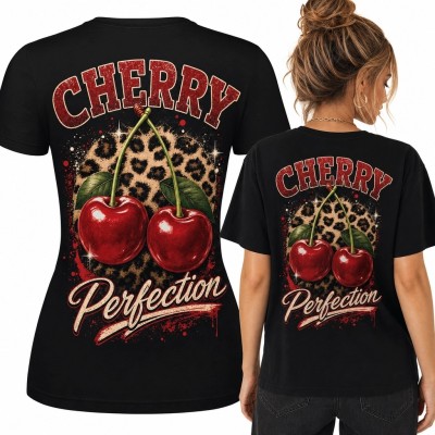 Koszulka damska z czereśniami i panterką „Cherry Perfection” - retro glam