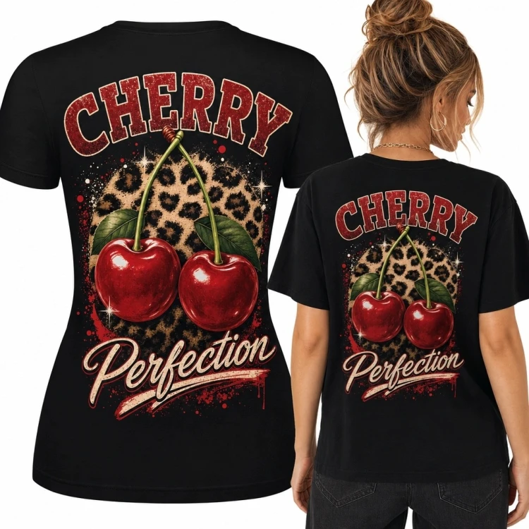 Koszulka damska z czereśniami i panterką „Cherry Perfection” - retro glam