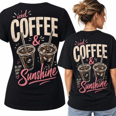 Koszulka damska z mrożoną kawą „Coffee &amp; Sunshine” - duży nadruk na plecach
