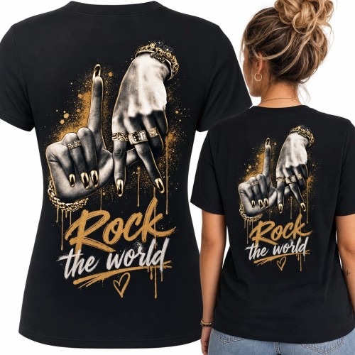 Koszulka damska z rockowym nadrukiem dłoni „Rock the world” - duży wzór na plecach