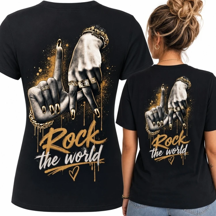 Koszulka damska z rockowym nadrukiem dłoni „Rock the world” - duży wzór na plecach